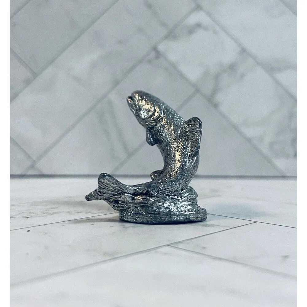 Vintage Metzke Pewter Fly Fisherman & Trout Figurine Set